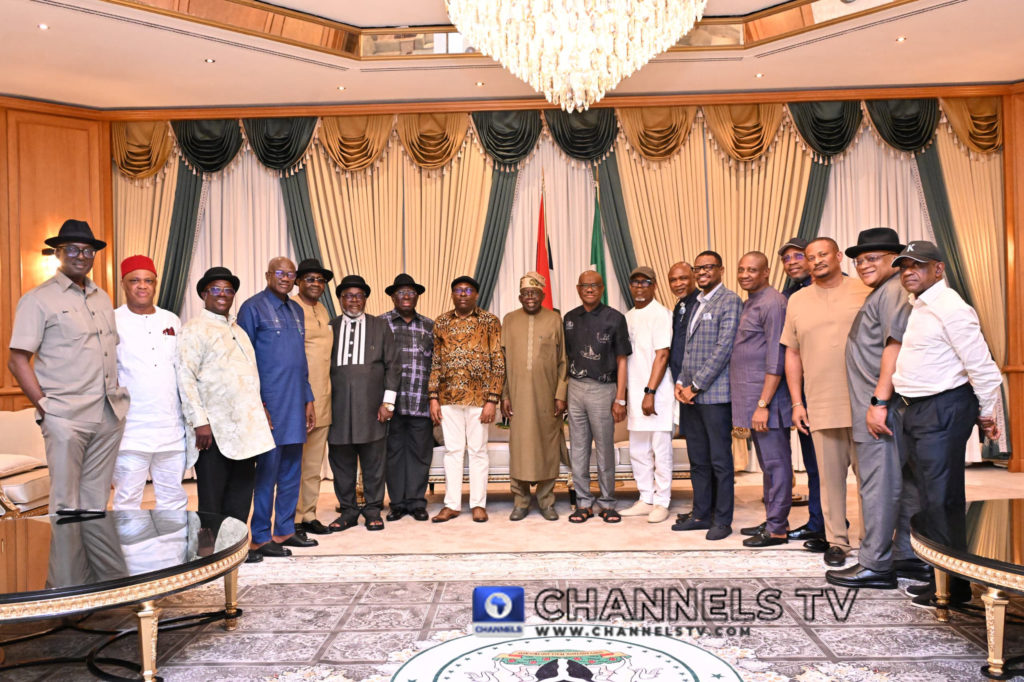 Caption for the general photo: President Tinubu (centre), flanked by Governor Fubara (left) and FCT Minister Wike pose with Rivers Assembly lawmakers at the Presidential Villa in Abuja on June 26, 2025.